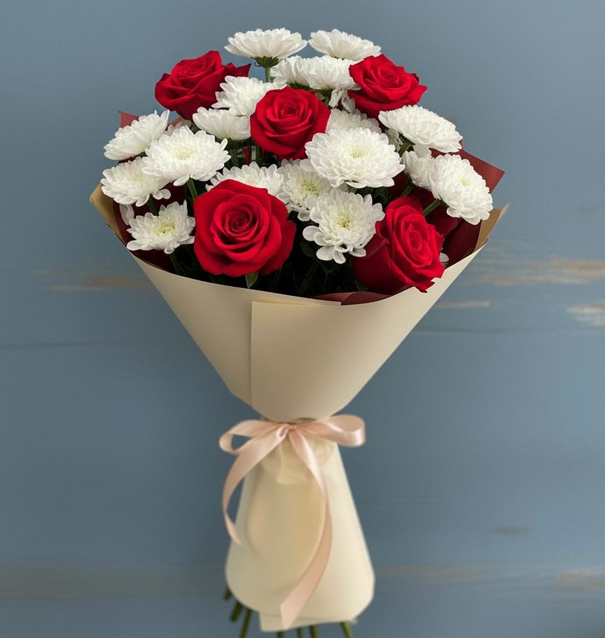 Букет цветов из: Розы и Хризантемы в Николиной Балке