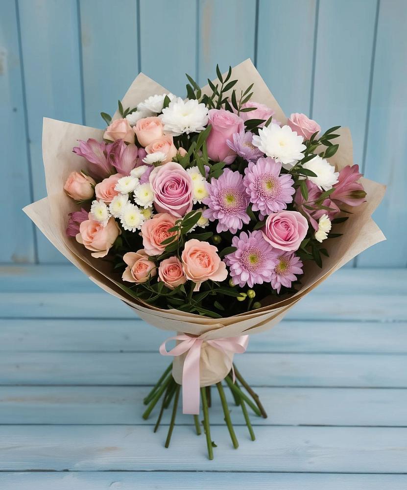 Букет цветов из: Хризантемы, Розы и Альстромерии в Николиной Балке