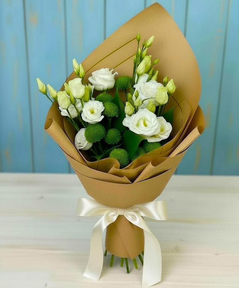 Букет цветов из: Хризантемы и Лизиантусы в Николиной Балке