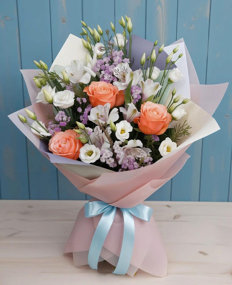 Букет цветов из: Лизиантусы, Розы, Альстромерии и Гипсофила в Николиной Балке