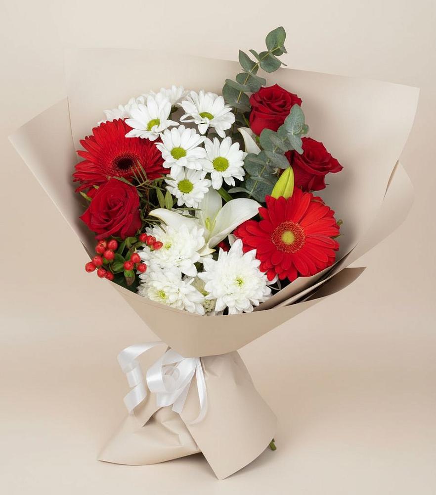 Букет цветов из: Розы, Хризантемы, Герберы и Лилии в Николиной Балке