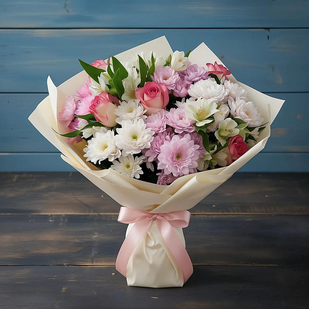 Букет цветов из: Хризантемы, Альстромерии и Розы в Николиной Балке